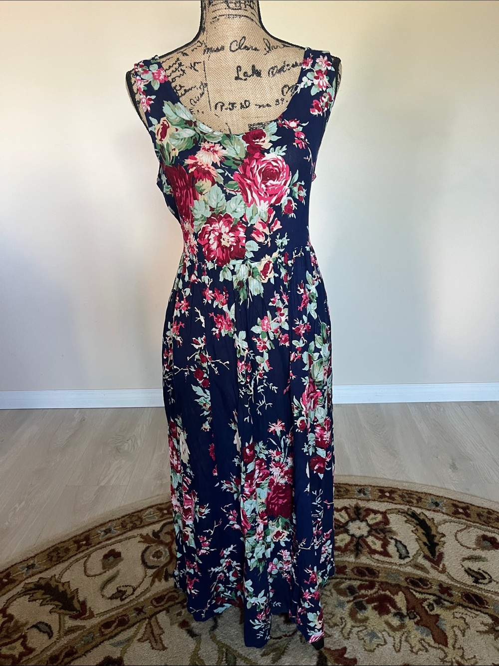 April Cornell Sz M Navy Floral Maxi Dress with Pink Rose Print EUC!